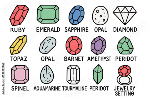 Colorful Gem Doodle. Gemstones. Hand-drawn doodle illustration gemstones ruby (accented), emerald (accented), sapphire (accented), diamond, topaz (accented),