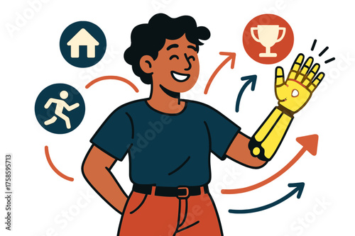 Empowered Movement. Patient empowerment. A person happily using a glowing 3D-printed prosthetic hand, abstract floating icons representing independence,