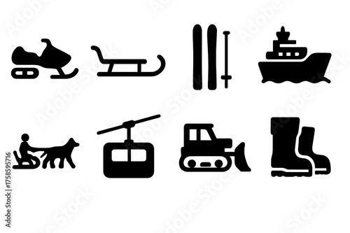 Frozen Transport Icons. Frozen transport. Filled icon set of Frozen transport: snowmobile, sled, skis,
