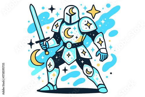 Cosmic Armor Design. Celestial armor. A glowing suit covered with moon and star designs, abstract floating cosmic shapes and sparkles symbolizing divine power.