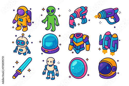 Colorful Sci-Fi Icons. Sci-fi cosplay. Colorful isometric vector icons set of sci-fi cosplay: space suit, alien costume, cybernetic arm, laser gun, robot