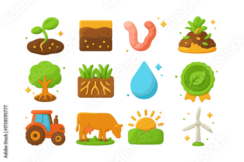 Regenerative Agriculture Icons. Regenerative agriculture. 3D icons set of regenerative agriculture: sprouting seed, soil layers, earthworm, compost pile, tree