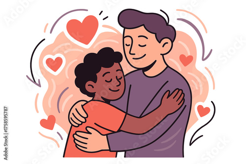 Empathy in Motion. Empathy in action. Parent hugging child surrounded by glowing heart icons. Abstract soft waves radiating warmth and understanding. Modern