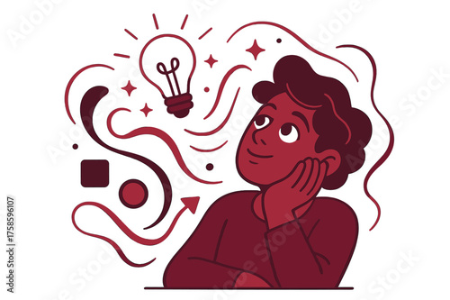 Imaginative Lightbulb Dream. Dreaming gaze. A character looking up at a floating lightbulb surrounded by glowing sparks. Abstract curves emphasize wonder and