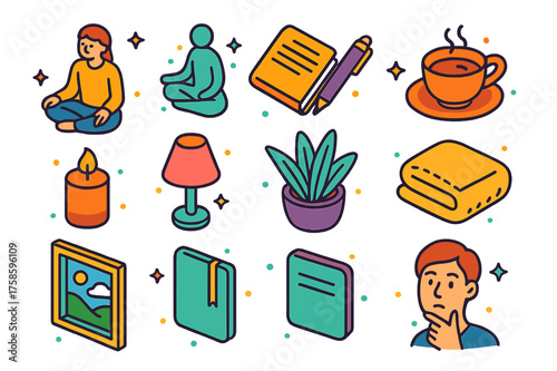 Serene Icon Set. Serene moment. Colorful isometric vector icons set of serene moment: seated person, calm pose, journal, pen, cup of tea, candle, lamp, potted