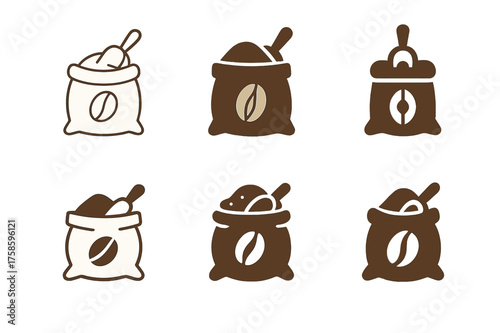 Coffee Logo Variations. Sacks of coffee beans. Set Logo of Coffee: coffee sack with scoop icon. harmonious logo variations of the same emblematic concept, each