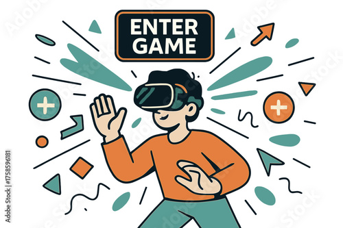 Immersive VR Experience. VR headset. Person wearing VR goggles, beams of light and abstract digital shapes expanding outward. Floating "Enter Game" sign