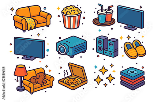Family Movie Night Icons. Colorful isometric vector icons set of family movie night: big couch with blanket, popcorn bucket, drinks on tray, large TV screen,