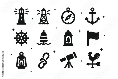 Lighthouse Icon Set. Lighthouses and navigation. Solid icons set of tall lighthouse, beacon light, compass, anchor, ship wheel, buoy, bell tower, flag,