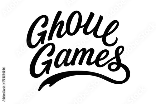 Ghostly Script Design. Ghoul Games ? Script Hand-Lettering, flowing brush-style cursive with smooth connectors, arched composition, sweeping tails resembling