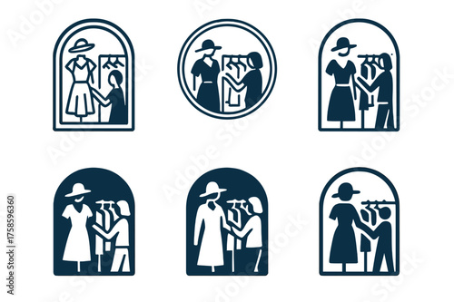 Boutique Logo Designs. A person browsing through racks of clothes in a stylish boutique. Set Logo of A person browsing through racks of clothes in a stylish