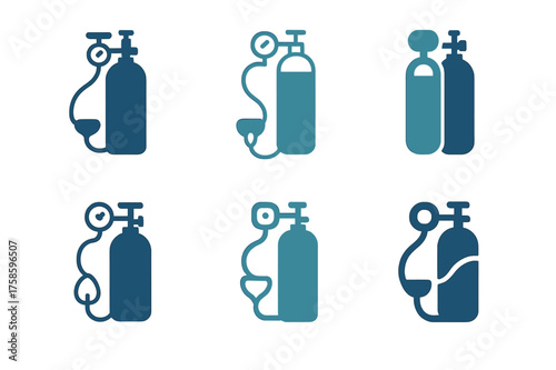 Oxygen Cylinder Logos. Breathing and oxygen. Set Logo of Breathing and oxygen: Medical oxygen cylinder with regulator. harmonious logo variations of the same