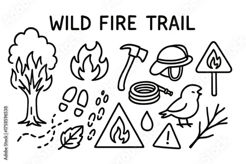 Wildfire Doodle Elements. Wild Fire Trail. Hand-drawn doodle illustration wild fire trail blazing tree, smoke cloud, flame, firefighter gear, axe, hose,