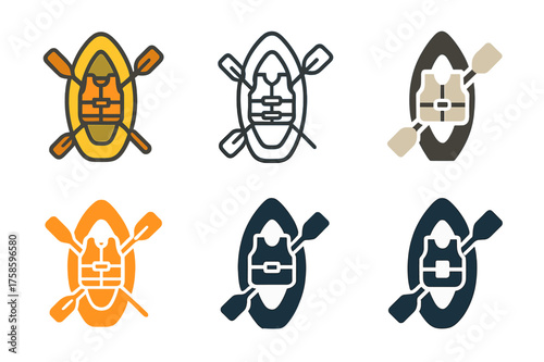 Canoeing Logo Variations. Canoeing. Set Logo of Canoeing: Inflatable canoe with safety vest and gear. harmonious logo variations of the same emblematic