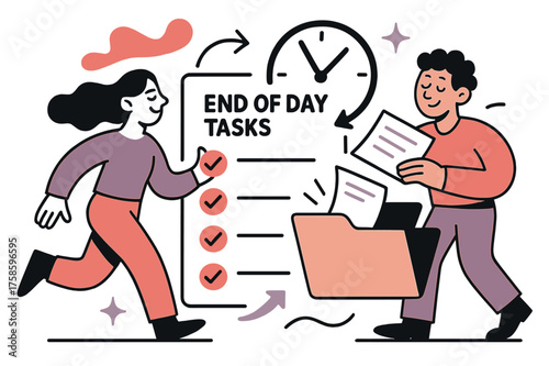 Productive Day's Closing. End of day tasks. A checklist glowing with completed marks, a clock showing , papers sliding into folders. Closure with satisfaction.