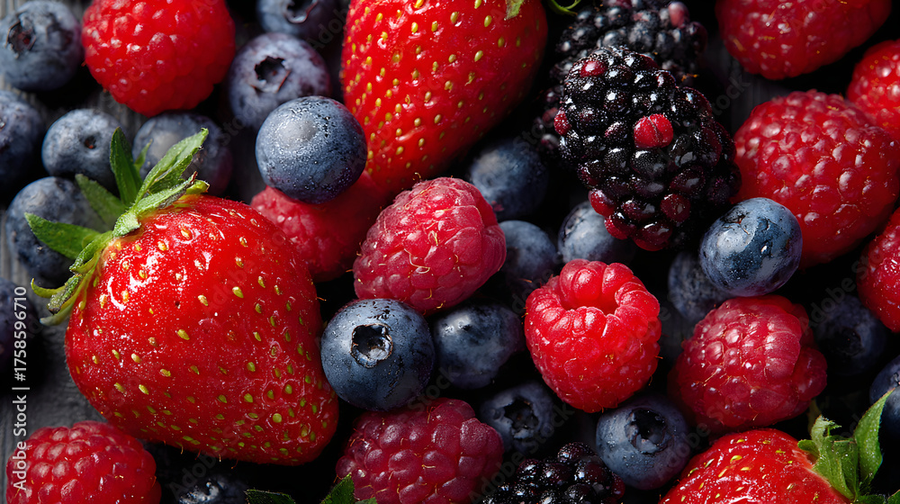 Obraz premium Fresh mixed berries including strawberries blueberries raspberries and blackberries