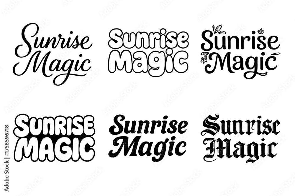 Fototapeta premium Sunrise Lettering Variations. Sunrise Magic. Set lettering. harmonious lettering variations of the same emblematic concept, each with different artistic