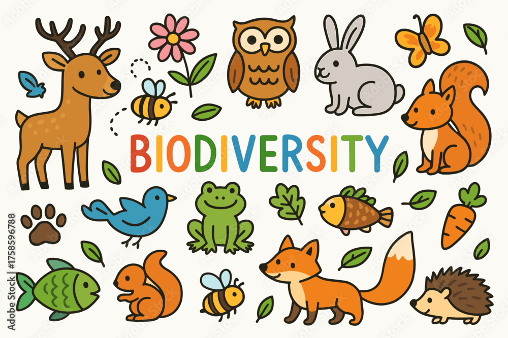 Naklejka premium Colorful Wildlife Doodle. Biodiversity. Colorful Hand-drawn doodle Children illustration Deer, owl, rabbit, fox, frog, turtle, butterfly, flower, paw print,