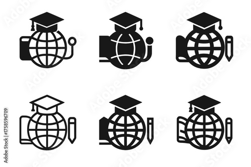 Diverse Educational Logos. Groundbreaking work in education and pedagogy. Set Logo of Education: globe with learning icons. harmonious logo variations of the