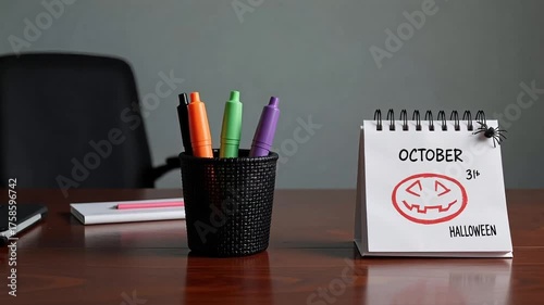 Desk setup with October calendar featuring Halloween pumpkin drawing and colorful pens