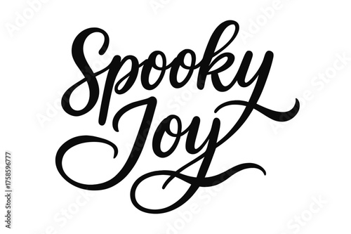 Spooky Hand-Lettering. Spooky Joy ? Script Hand-Lettering, flowing brush-style semi-cursive, arched composition, sweeping connectors resembling ghostly trails,