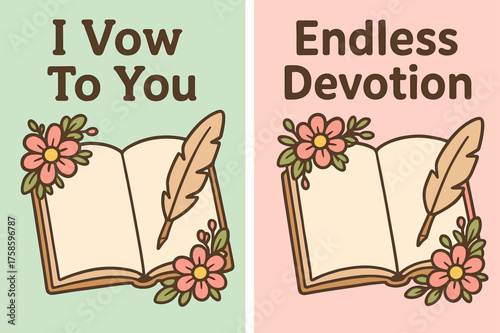 Vows and Devotion Banners. Vows. Two vertical A6 banners, cartoon, pastel mint and pink backgrounds, open vow book with floral corners and a quill, first