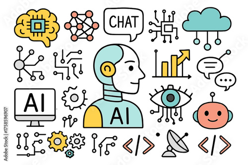 AI Doodle Illustration. Artificial intelligence. Hand-drawn doodle illustration artificial intelligence robot head colored, brain chip, neural network diagram