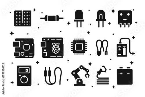 DIY Electronics Icons. DIY Electronics. Solid icons set of breadboard, resistor, capacitor, led, arduino, raspberry pi, microchip, sensor, multimeter, wires,