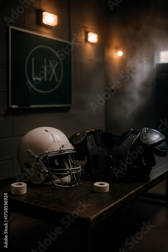 9:16, Locker room still life — helmet, pads and chalkboard “LIX” circle, pre-game tension, no logos