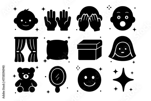 Peekaboo Icon Set. Peekaboo. Solid icons set of Peekaboo: baby face, open hands, hiding behind hands, surprised face, curtain, pillow, box, blanket, toy,