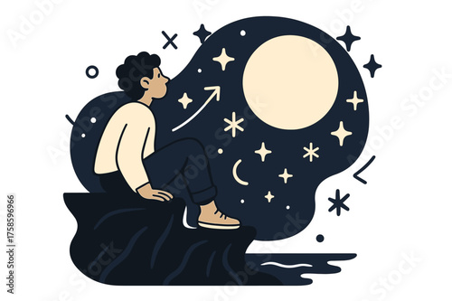 Moonlit Cliff Serenity. Night at the cliff. A person sitting on a cliff ledge, gazing at a glowing moon surrounded by abstract stars. Calmness and wonder