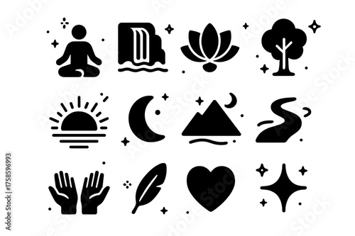 Nature Meditation Icons. Nature Meditation. Solid icons set of Nature Meditation: lotus pose person, waterfall, lotus flower, tree silhouette, sunrise, moon,