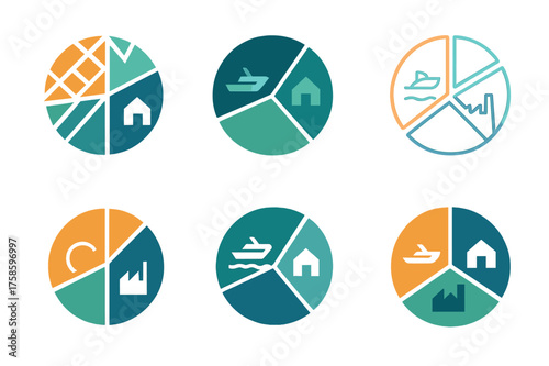 Diversified Portfolio Logos. Stock trading strategies. Set Logo of Stock trading strategies: Diversified Portfolio Mosaic (pie + assets). harmonious logo