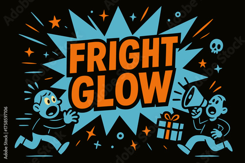Fright Glow Extravaganza. Fright Glow banner, flat vector illustration, bold oversized text inside splash explosion, cartoon characters running and shouting at