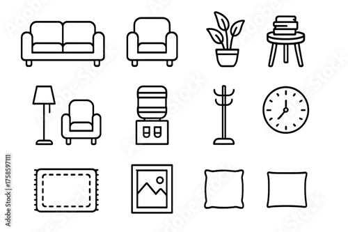 Salon Waiting Icons. Salon waiting area. Line icon set of Salon waiting area: sofa, armchair, coffee table, magazine stack, potted plant, floor lamp, water