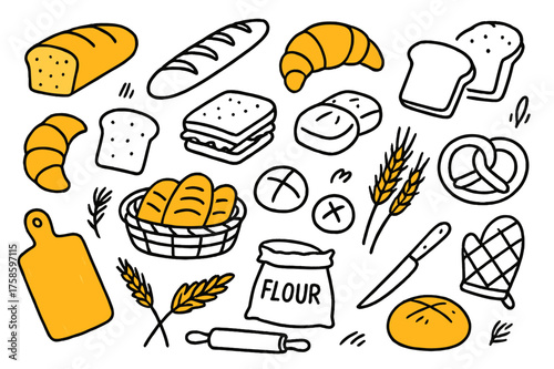 Bread Doodle Collection. Bread. Hand-drawn doodle illustration bread loaf (accented), baguette, croissant (accented), slice of bread, sandwich, bread rolls