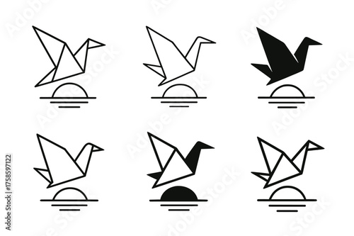 Origami Dream Logos. Dream realization. Set Logo of Dream realization: Origami crane taking flight toward the horizon. harmonious logo variations of the same