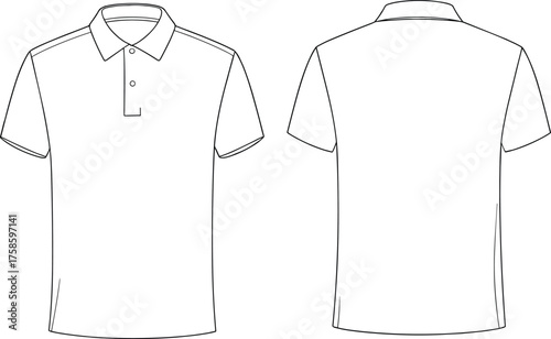 Polo shirt vector, fashion flat sketch, technical garment illustration, short sleeve clothing template, sewing pattern design, apparel mockup, casual wear, clothing construction drawing