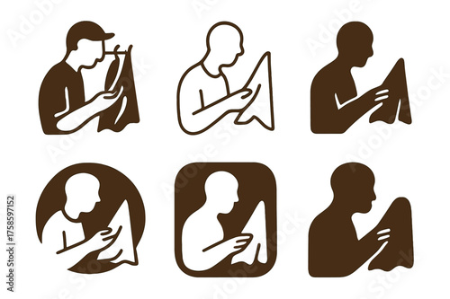 Boutique Logo Variations. A person browsing through racks of clothes in a stylish boutique. Set Logo of A person browsing through racks of clothes in a stylish