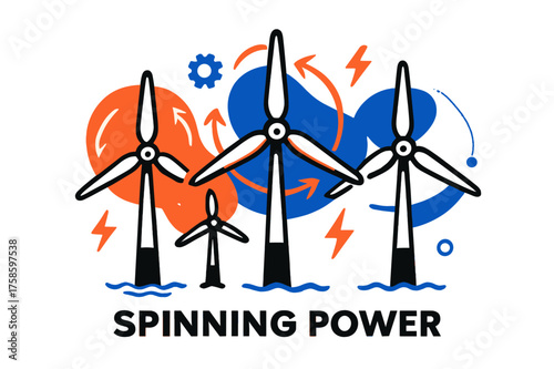 Offshore Turbine Dynamics. Offshore wind parks. Abstract glowing turbine blades turning with orbiting abstract