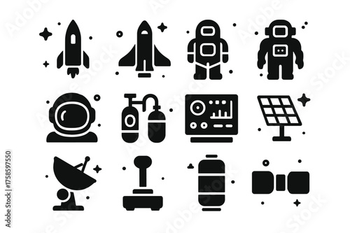 Space Tool Icons. space travel tools. Solid icons set of space travel tools: rocket, shuttle, satellite, spacesuit, helmet, oxygen tank, control panel, solar