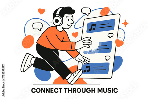 Musical Social Interaction. Music and social media. Character interacting with glowing social media feed with