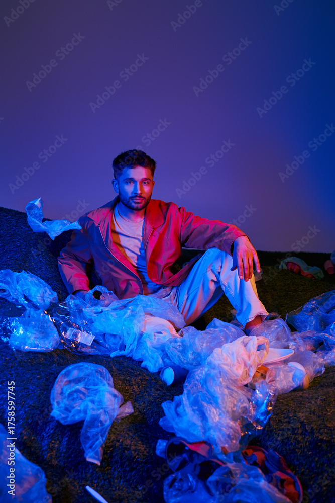 Fototapeta premium Young man surrounded by plastic waste highlights urgent environmental issues
