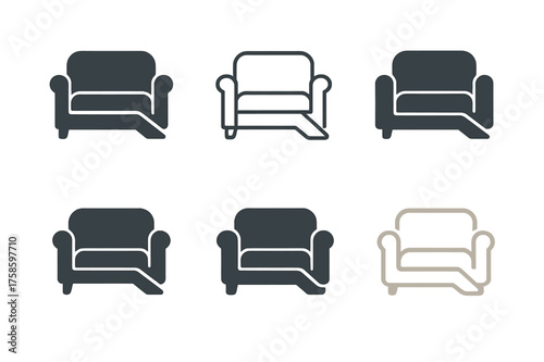 Image Generation. Tiny living spaces. Set Logo of Tiny living spaces: Convertible sofa-bed in mid-transform. harmonious logo variations of the same emblematic
