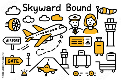 Skyward Flight Journey. Skyward Bound. Hand-drawn doodle illustration skyward bound airplane (accented), runway, control tower (accented), clouds, jet engine,