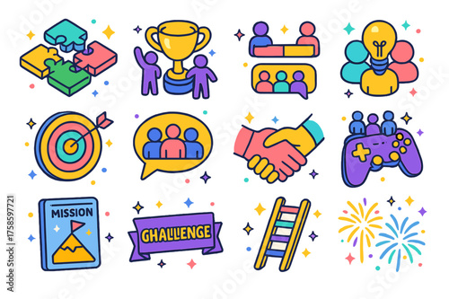Collaborative Challenge Icons. Colorful isometric vector icons set of collaborative challenges: puzzle pieces, team victory cup, joint progress bar,