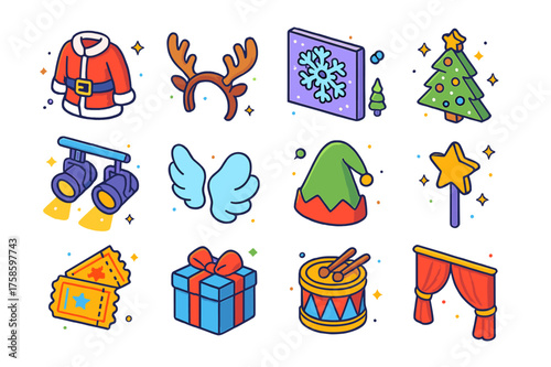 Festive Icon Collection. Colorful isometric vector icons set of holiday performances: Santa costume, reindeer antlers, snowflake backdrop, Christmas tree prop,