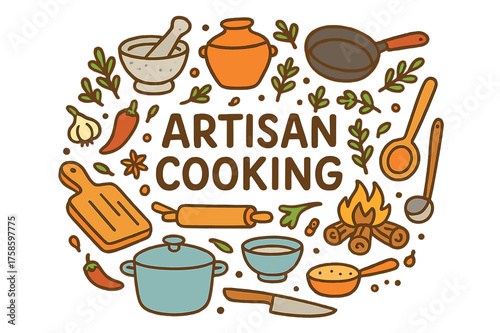 Artisan Cooking Doodles. Artisan Cooking. Hand-drawn doodle illustration of Artisan Cooking. mortar and pestle