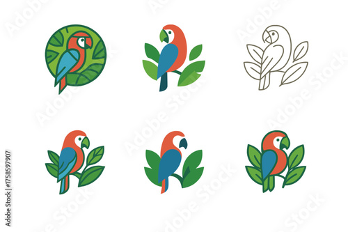 Wild Animal Logos. Wild animals in forests and jungles. Set Logo of Wild animals in forests and jungles: Macaw perched amid canopy leaves. harmonious logo