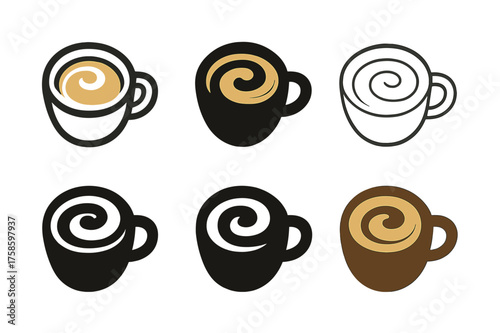 Coffee Logo Variations. Morning coffee ritual. Set Logo of Morning coffee ritual: Espresso shot with crema swirl. harmonious logo variations of the same